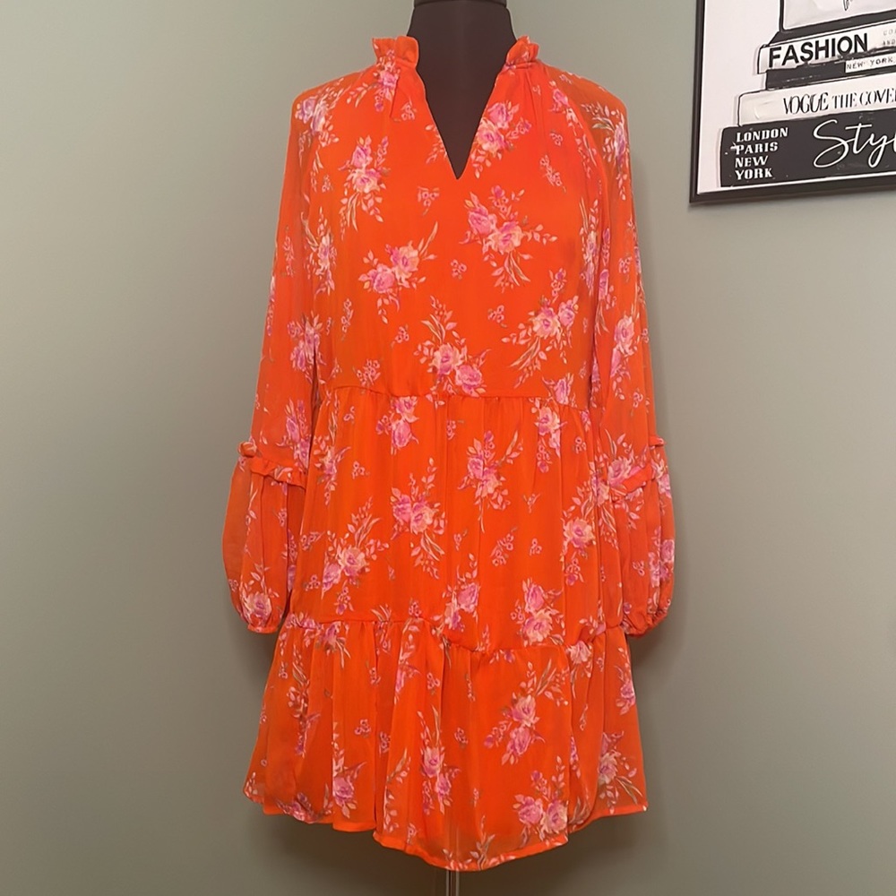 Vince Camuto Boho Orange & Floral Sheer Long Sleeve Women’s Dress Size Large